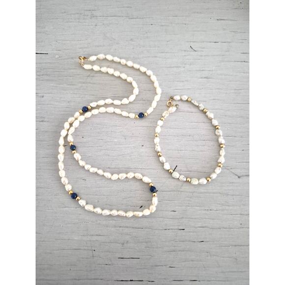 14K Gold Lapis Lazuli Seed Pearl and Bracelet Set - Picture 1 of 4